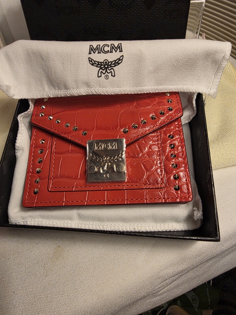 MCM Croc-Embossed Studded Leather Wallet